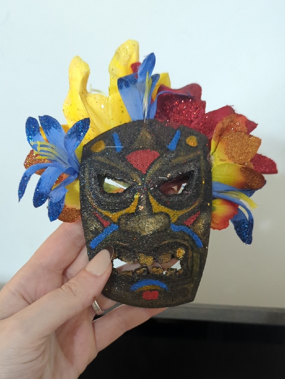 Tiki Handheld Tribal Mask with Blue, Yellow, Red Floral Accents